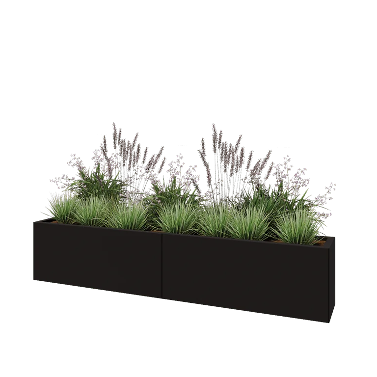 Саксии за цветя от стомана XXL - Правоъгълник - 200 x 30 x 40 cm - RAL9005 матов (черен) - без основа