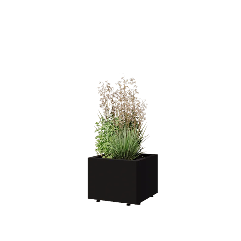 Саксии за цветя от стомана - Квадрат - 40 x 40 x 30 cm - RAL9005 матов (черен) - Със основа - Със крака