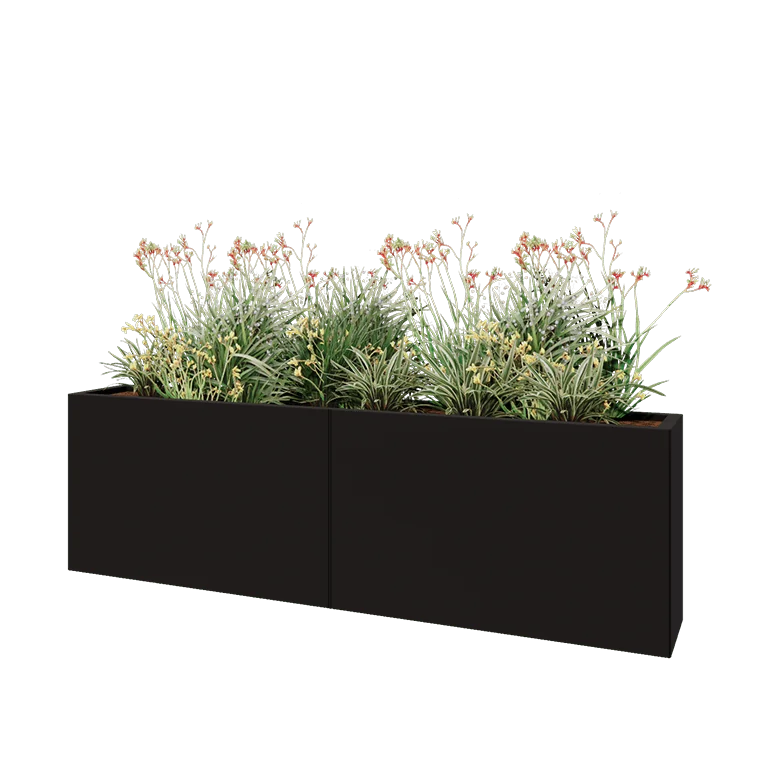Саксии за цветя от стомана XXL - Правоъгълник - 200 x 30 x 60 cm - RAL9005 матов (черен) - Със основа