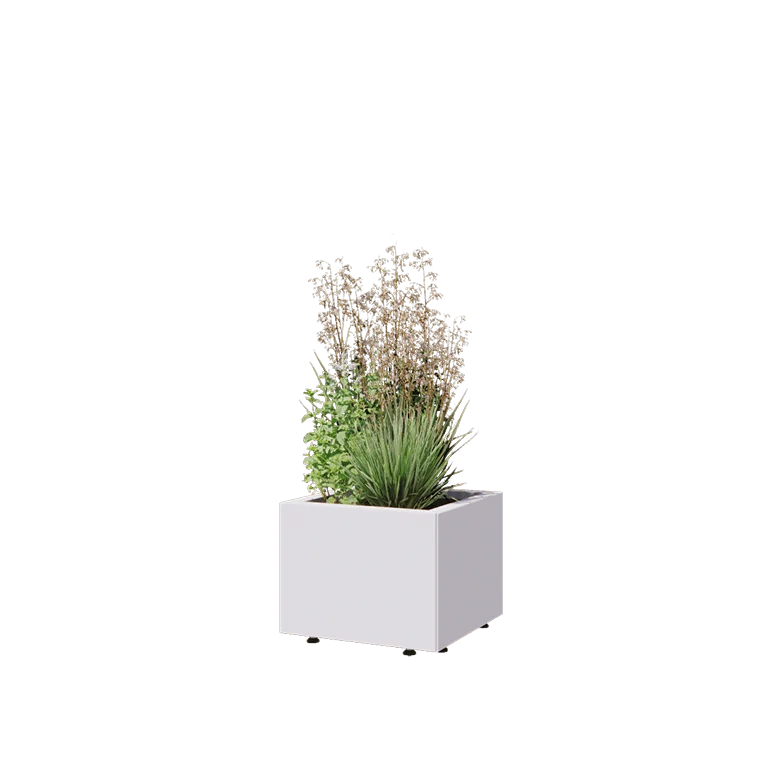 Саксии за цветя от стомана - Квадрат - 40 x 40 x 30 cm - RAL9010 матов (бял) - Със основа - Със крака