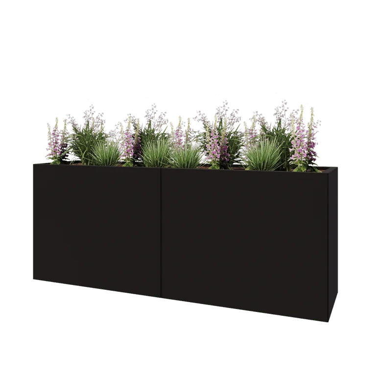 Саксии за цветя от стомана XXL - Правоъгълник - 200 x 50 x 80 cm - RAL9005 матов (черен) - Със основа